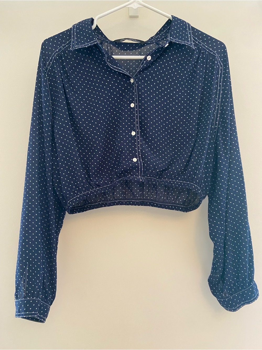 Zara Navy Polka Dot Cropped Button-Down Shirt